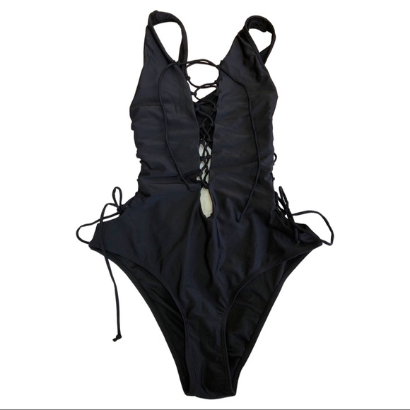 Other - Black One Piece Swimsuit with Adjustable Crisscross Front & Sides Size XL